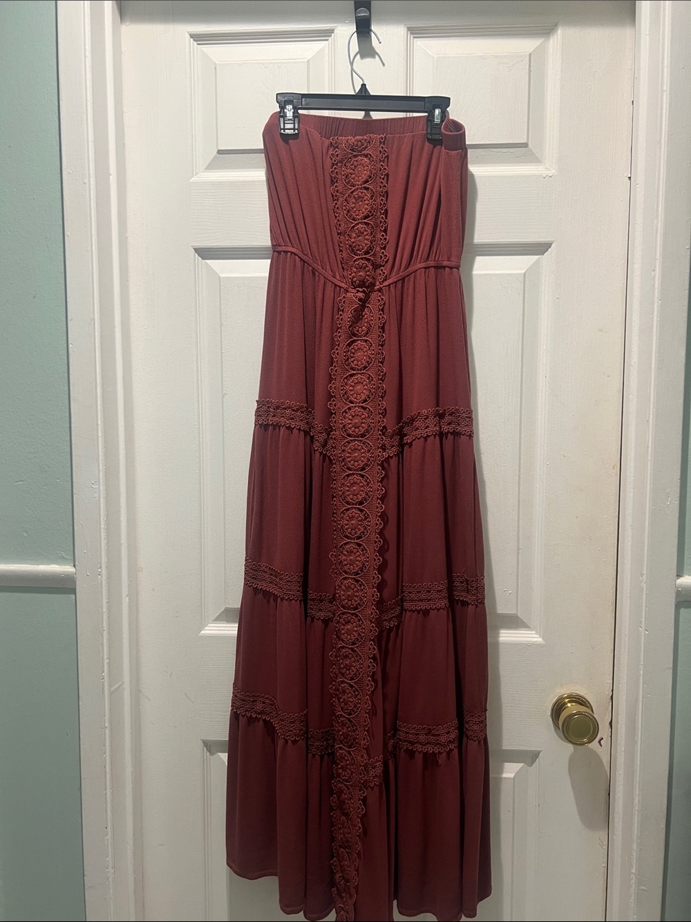 Strapless Lace-Trim Maxi Dress in Rust